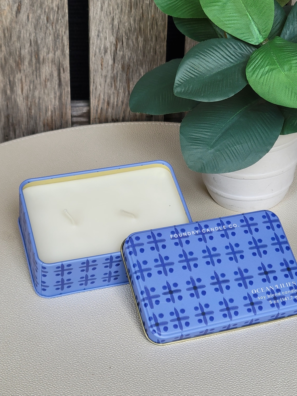 Foundry Candle Co. Ocean Lilies Blue Patterned Tin Candle